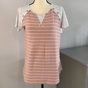 Staccato Grey and Blush Pink Striped Tee Shirt with Button Details.  Sz S